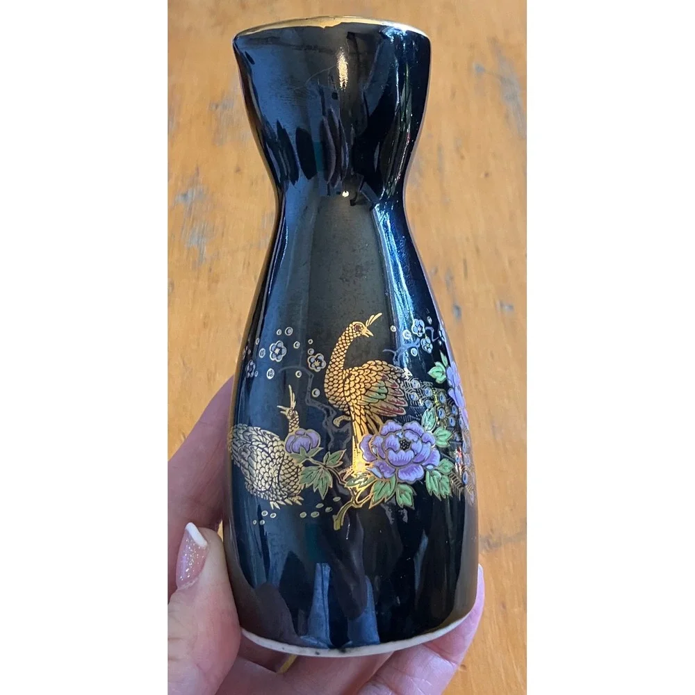 Pier 1 Imports Sake Carafe Black Gold Peacock Floral Made in Japan